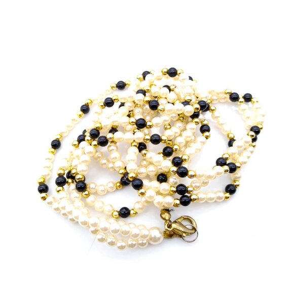 Neutral Seed Bead Torsade Necklace, Black and White Vintage Strands, Multi Stran - Picture 2 of 3